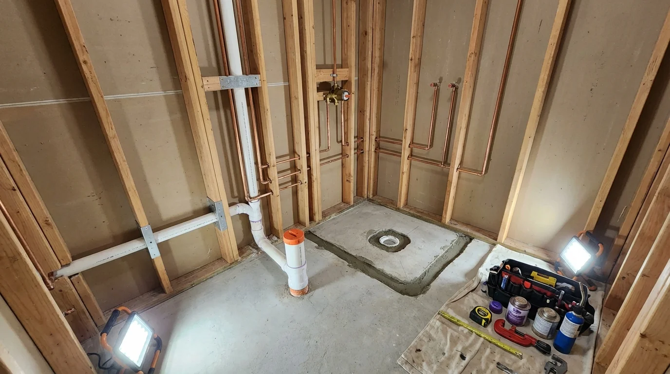 Bathroom rough-in plumbing during remodel by Johns Plumbing LLC in Baldwin