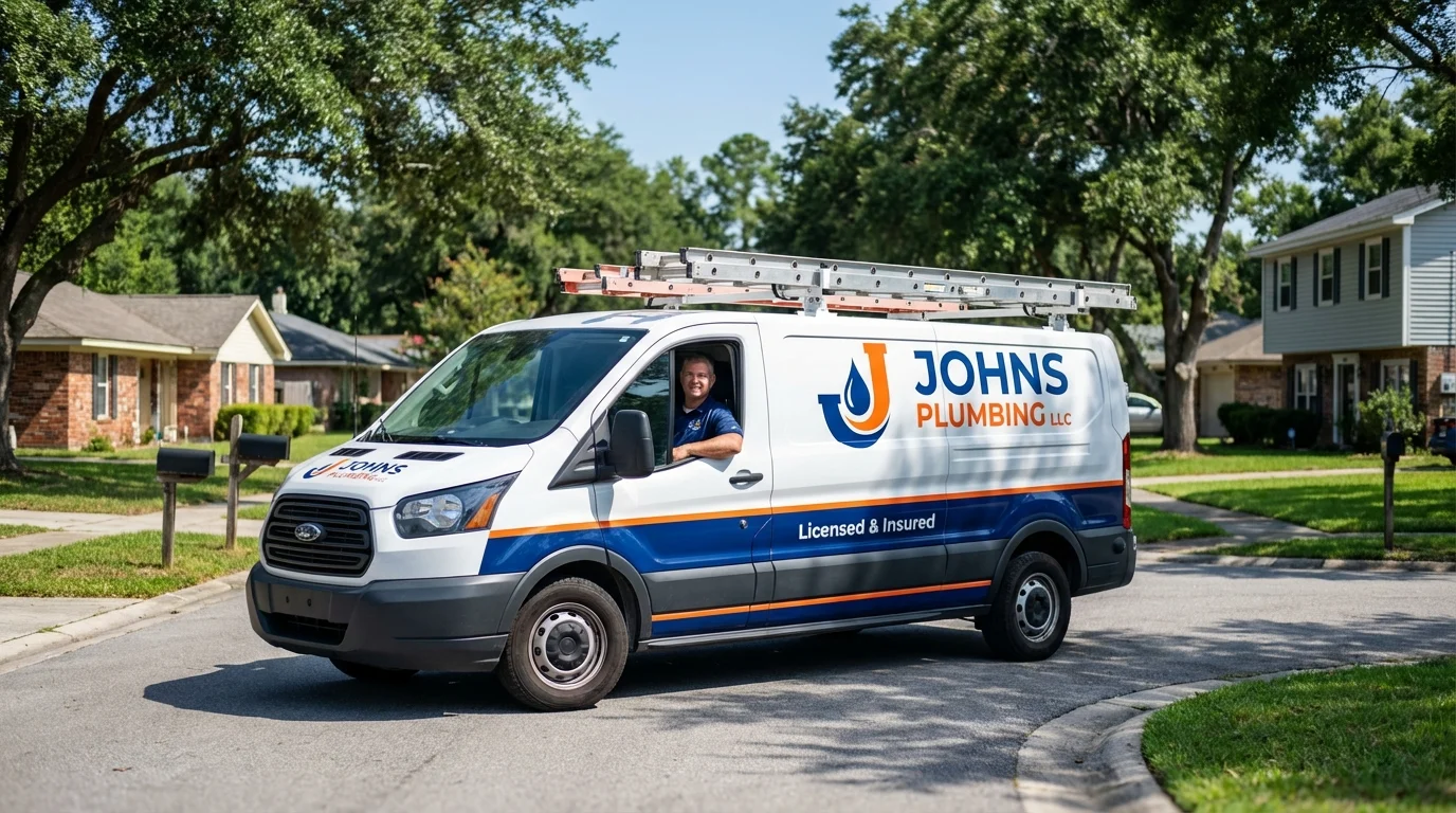 Johns Plumbing LLC service van in Baldwin, NY