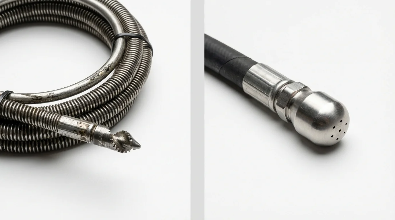 Drain snake cable and hydro jetting nozzle used for drain cleaning in Baldwin, NY