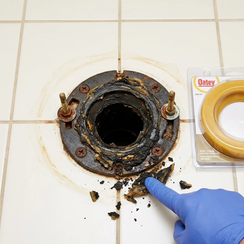 Failed wax ring showing water seepage at the base of a toilet in a Baldwin, NY home