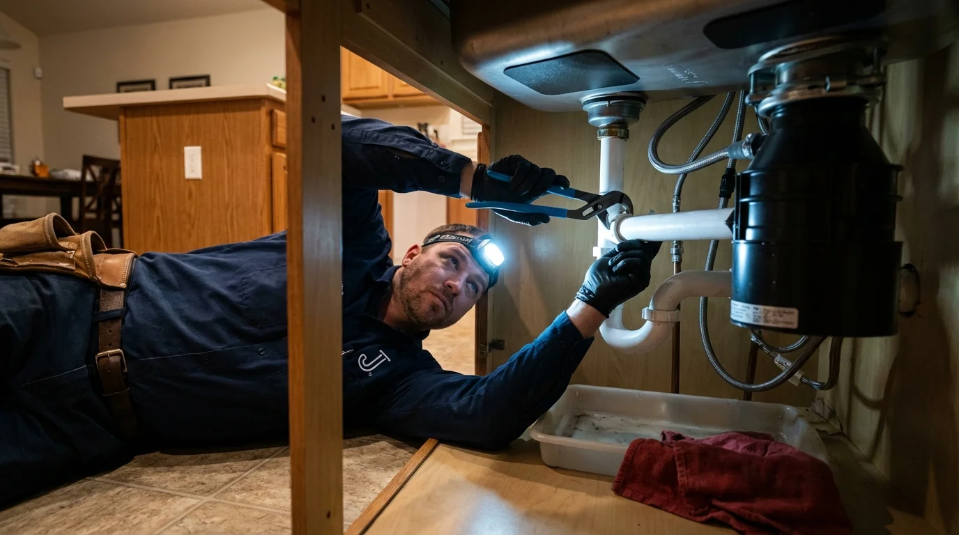 P-trap and supply line connections under a kitchen sink showing a common leak point in Baldwin, NY
